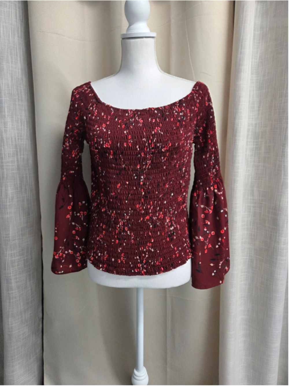 Express Burgundy Floral Smocked Bell Sleeve Top Feminine Boho Whimsical Size L